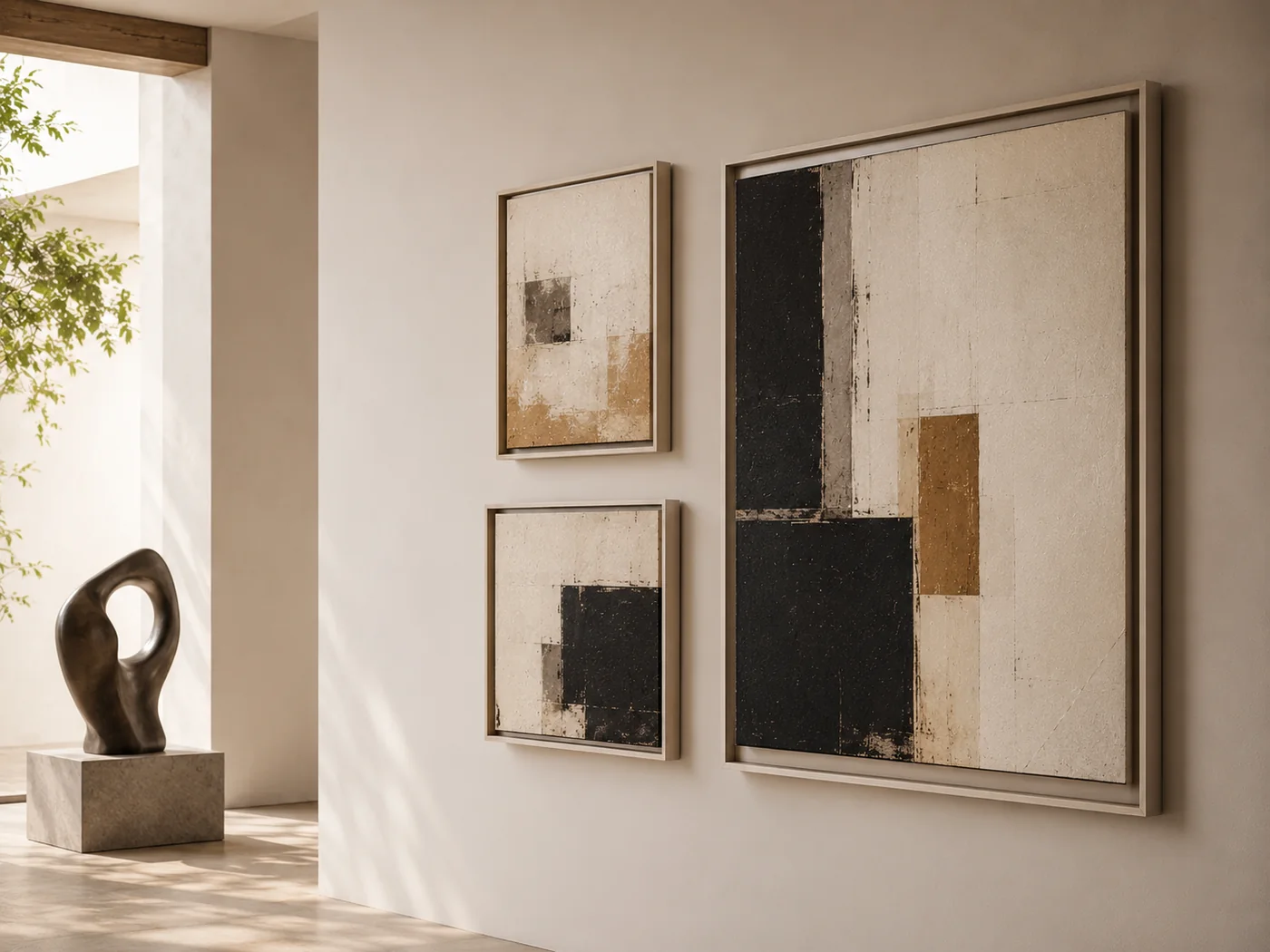 Obras abstractas enmarcadas con perfiles tipo caja americana en un interior contemporáneo