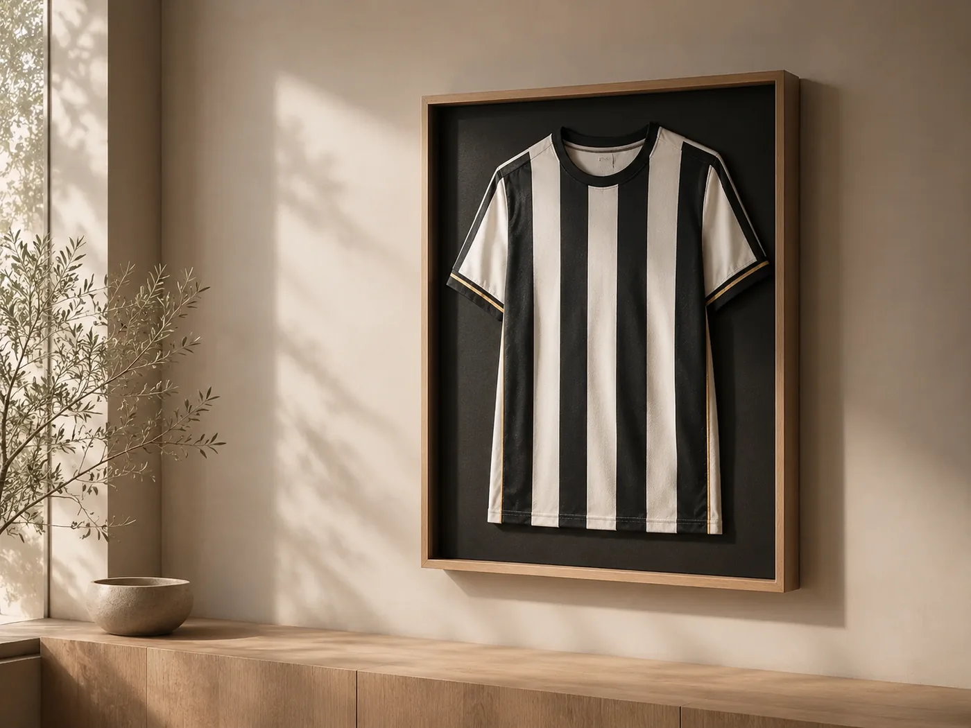 Camiseta deportiva enmarcada a medida con montaje de profundidad en un interior contemporáneo