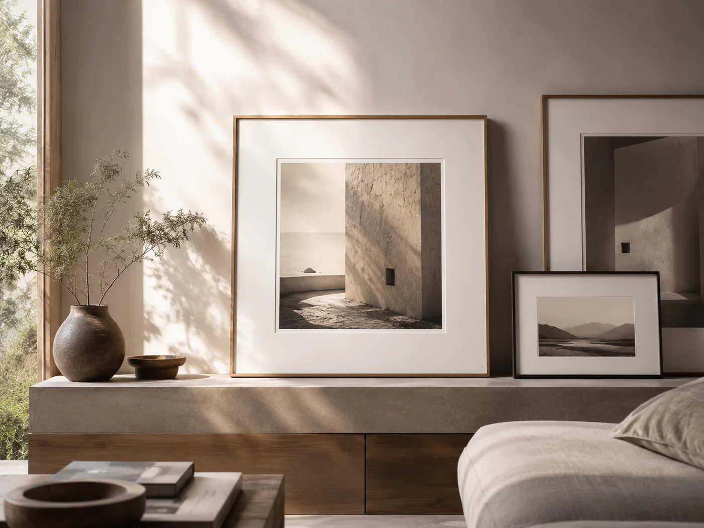 Fotografías artísticas enmarcadas con passe-partout en un interior luminoso