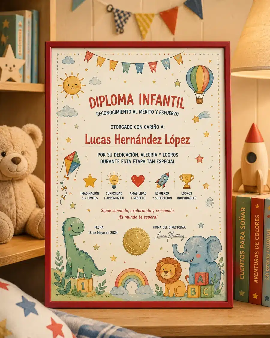 Diploma infantil enmarcado con marco rojo fino en una habitación infantil