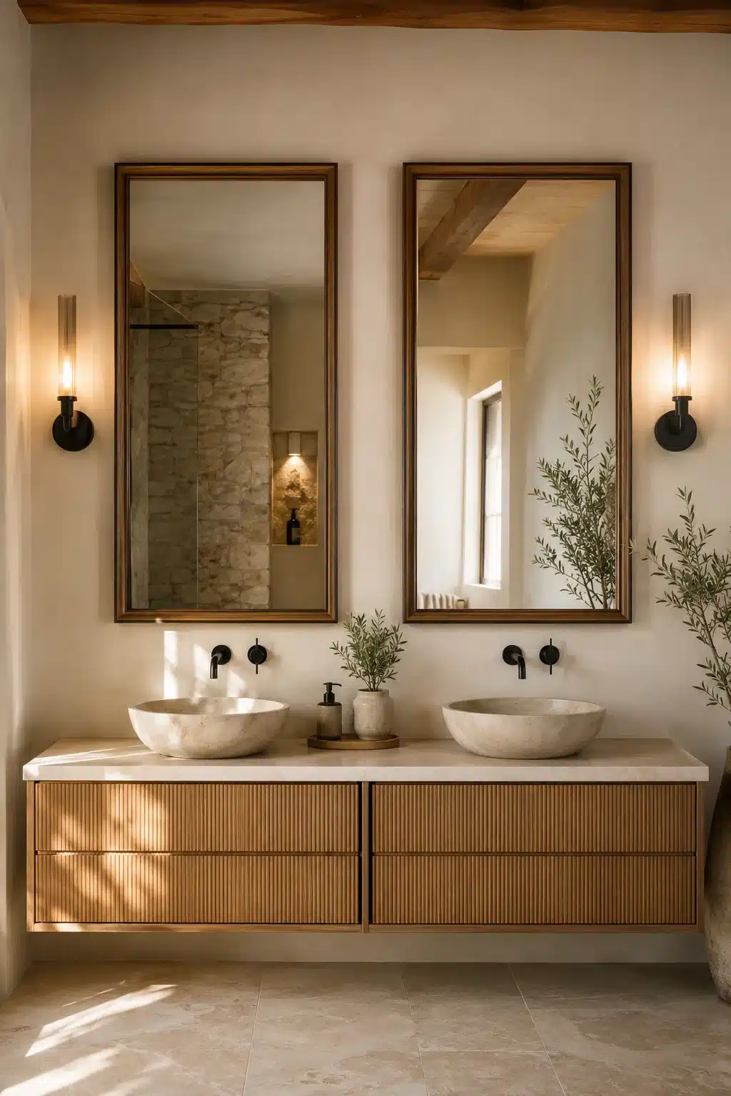 Dos espejos con marco a medida sobre un mueble de baño contemporáneo