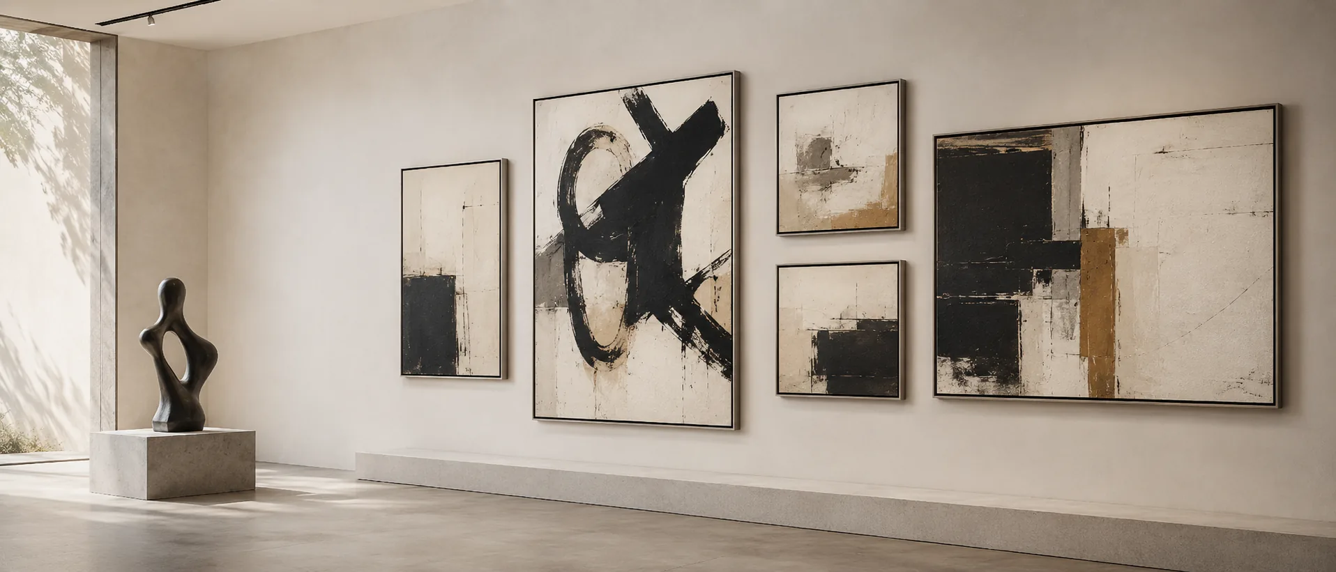 Galería contemporánea con obras abstractas enmarcadas con cajas americanas