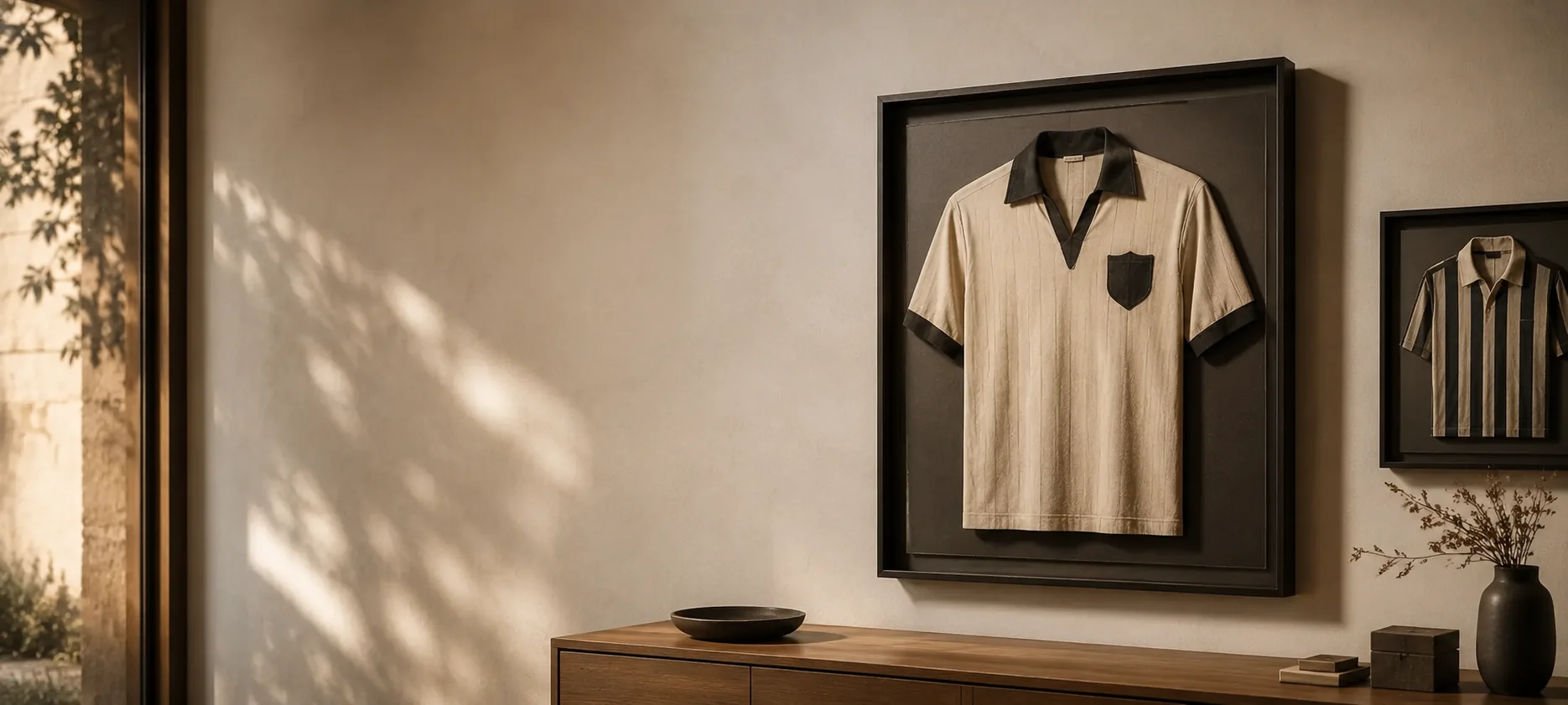Camisetas enmarcadas a medida con montaje de profundidad en un interior contemporáneo