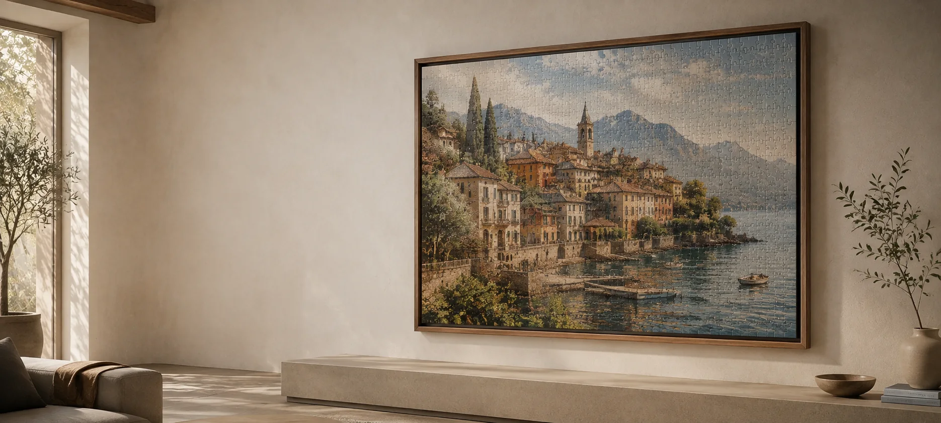 Puzzle grande enmarcado a medida en un salón contemporáneo