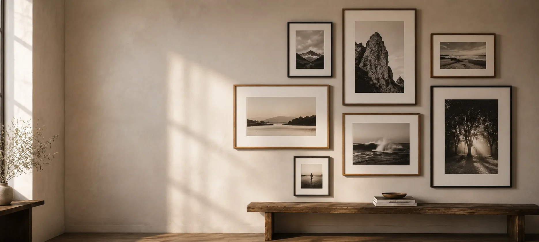 Composición de fotografías enmarcadas a medida con passe-partout en un interior contemporáneo