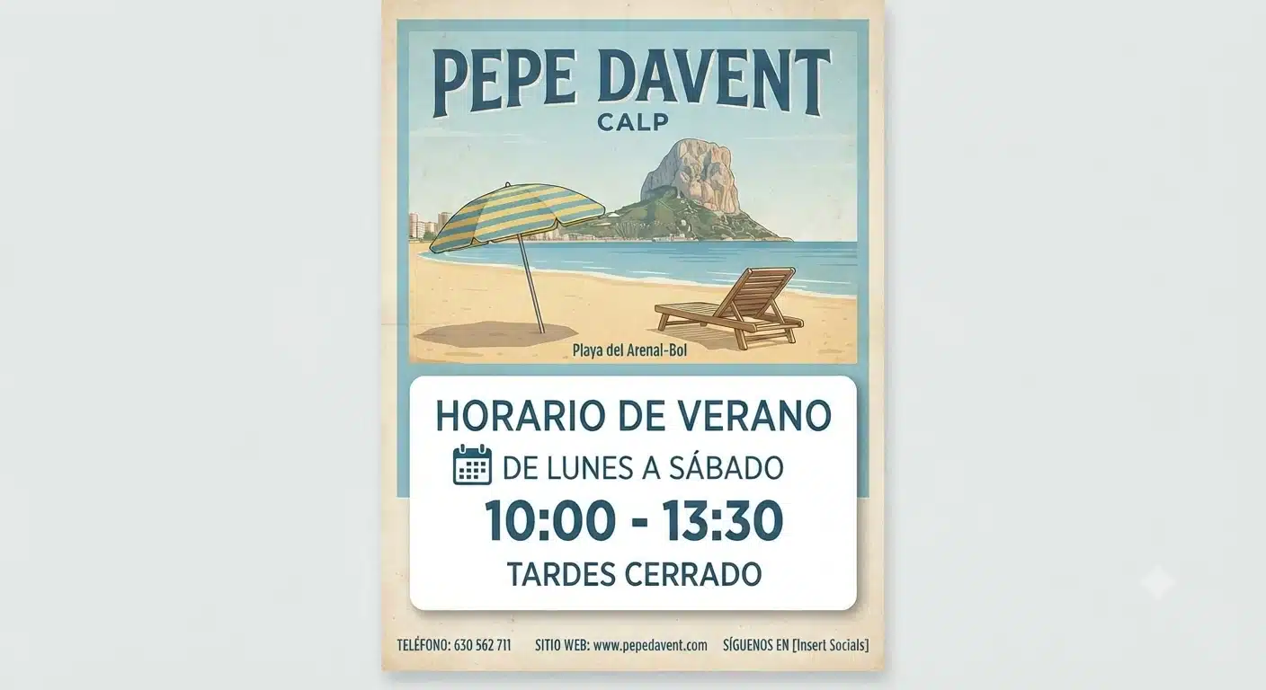 Horario de verano Pepe Davent: abierto de lunes a sábado, 10:00 a 13:30h