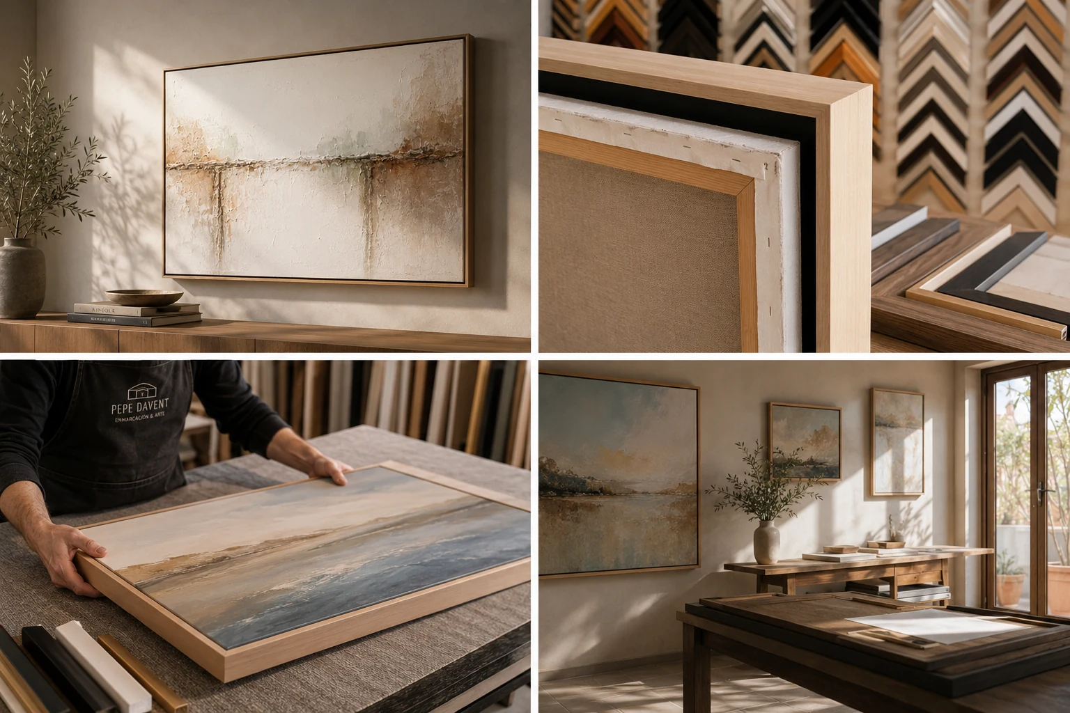Composición de lienzos enmarcados, detalles de molduras y trabajo de taller en Pepe Davent