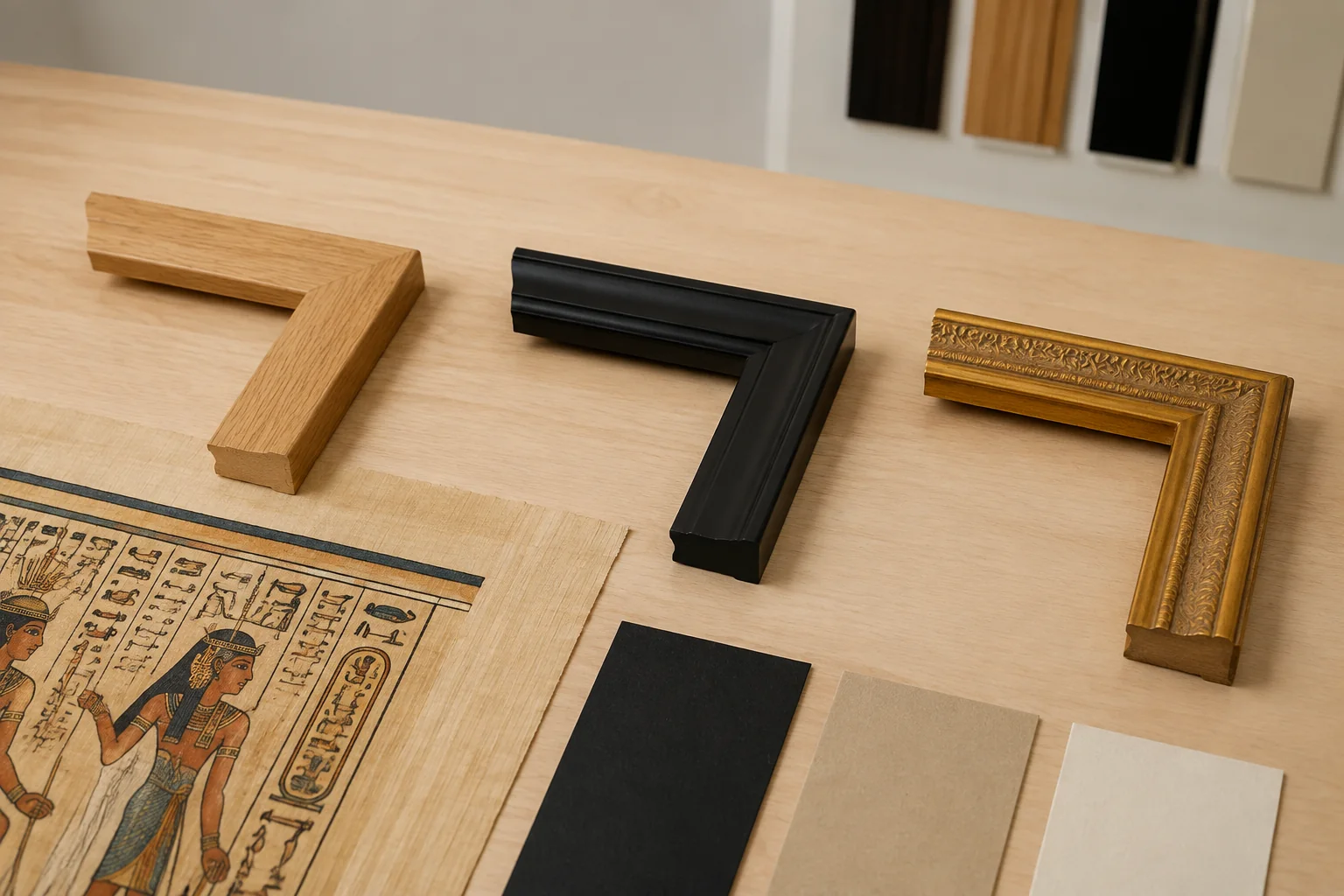 Opciones de marcos para un papiro egipcio en madera natural, negro y dorado clásico