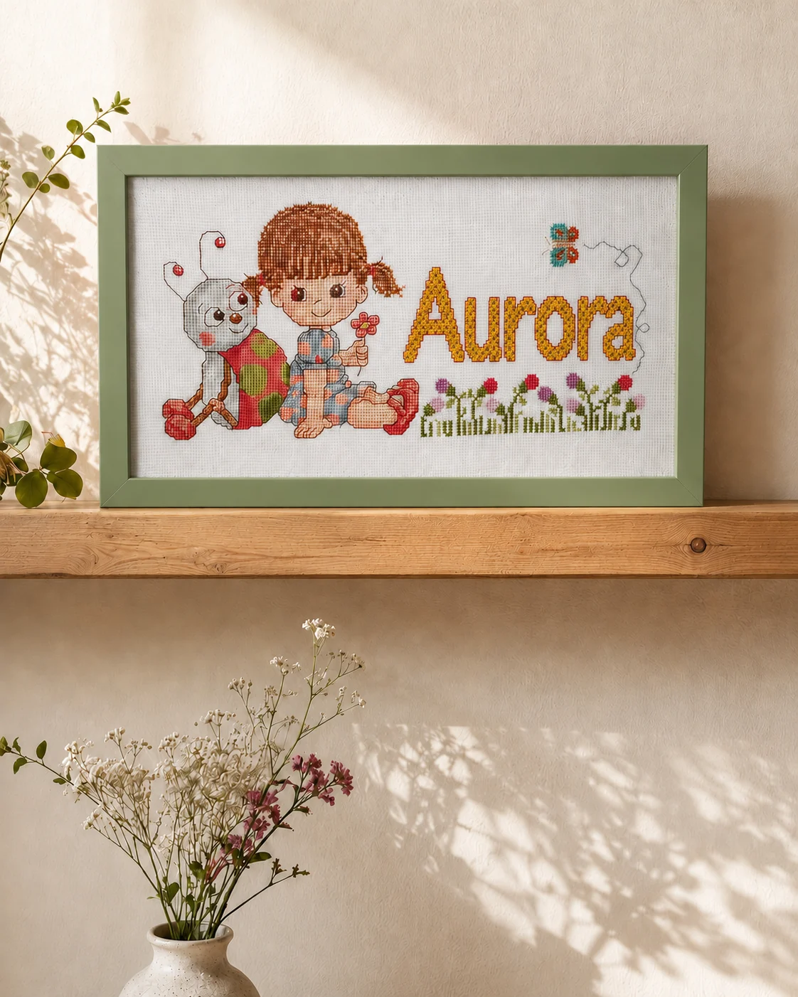 Punto de cruz infantil Aurora enmarcado con moldura verde clorofila en un ambiente cálido