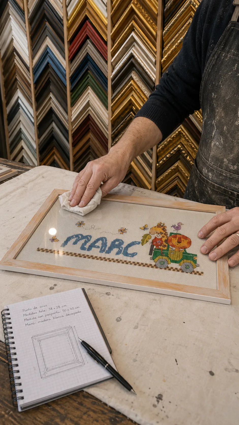 Limpieza del cristal de un punto de cruz enmarcado en el taller Pepe Davent