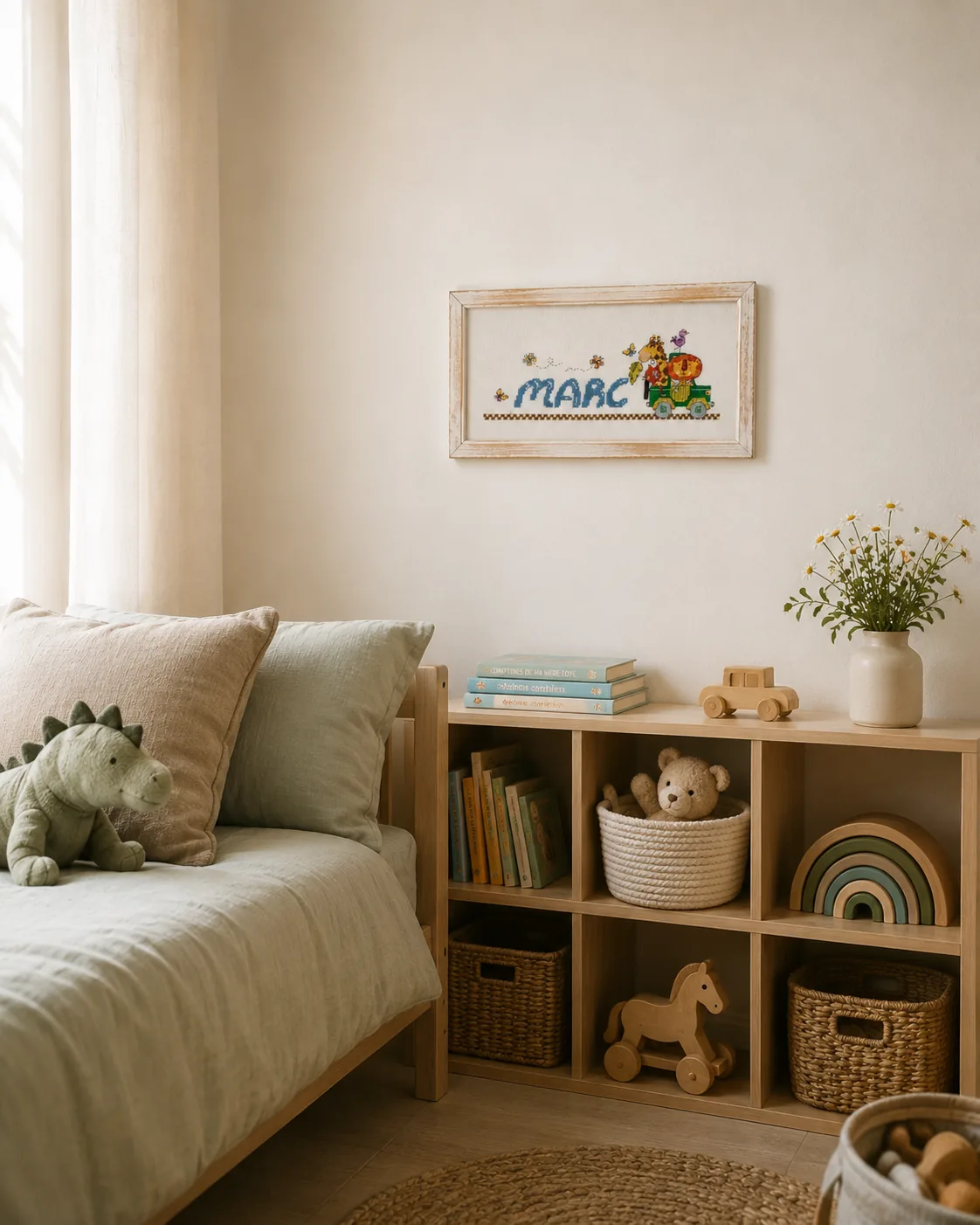 Punto de cruz infantil Marc enmarcado con moldura clara en una habitación infantil