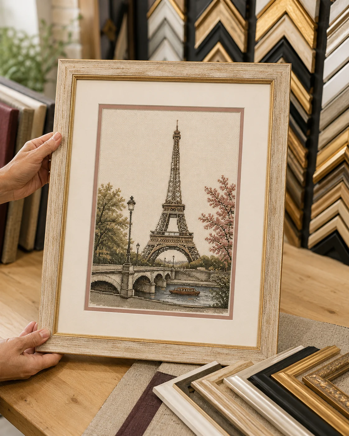 Punto de cruz de la Torre Eiffel enmarcado con moldura clásica en el taller Pepe Davent