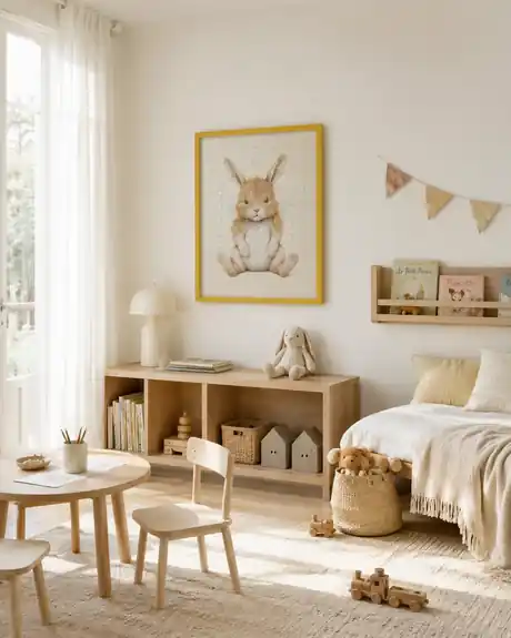 Puzzle infantil de conejo enmarcado con marco amarillo en una habitación infantil