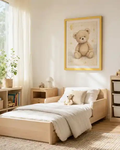 Puzzle infantil enmarcado con marco amarillo en una habitación infantil luminosa