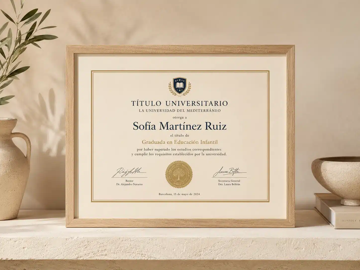 Marcos para diplomas: título universitario enmarcado con moldura de madera clara