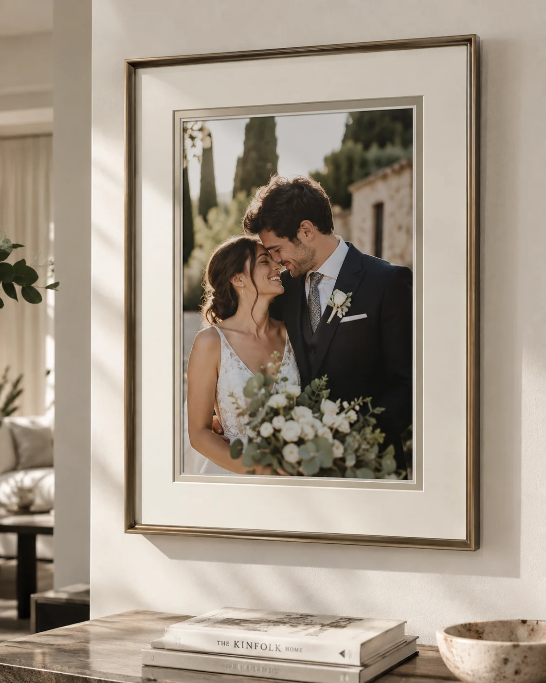Fotografía de una pareja de novios enmarcada con doble paspartú blanco y gris y moldura metálica.