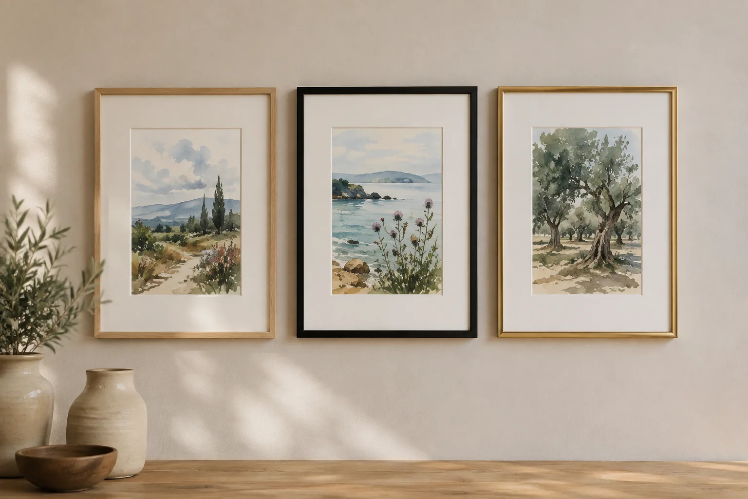 Tres acuarelas enmarcadas con molduras de madera natural, negra y dorada