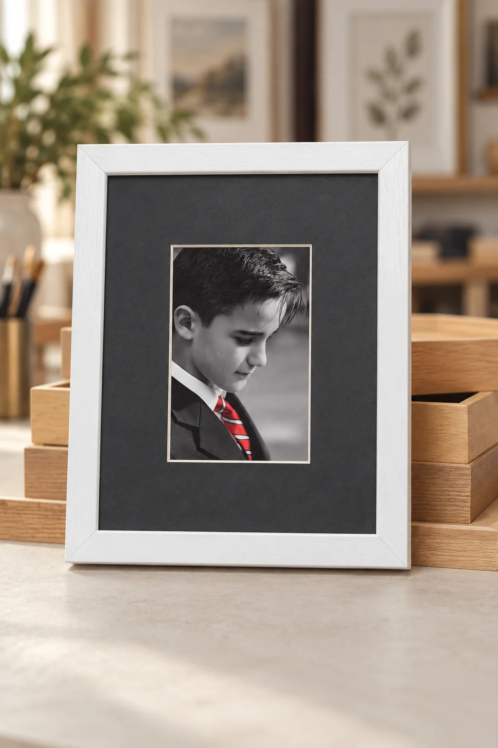 Retrato de un niño con corbata roja, rodeado por un paspartú gris oscuro amplio y un marco blanco.