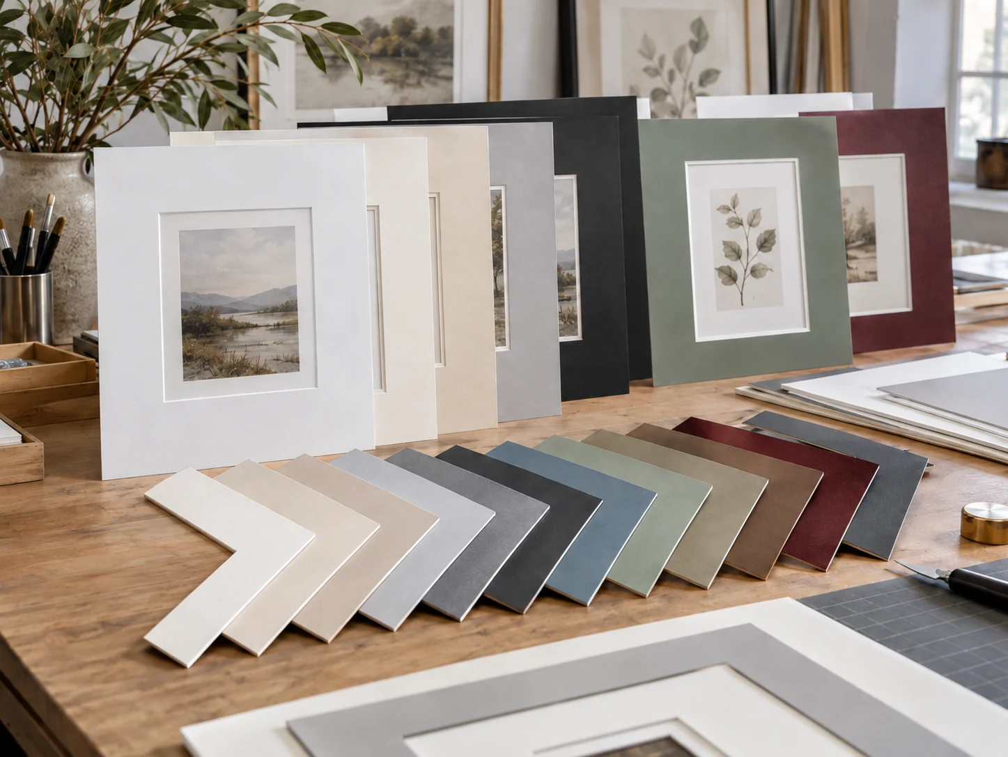 Paspartús de distintos colores con láminas en sus ventanas y muestras en ángulo sobre una mesa.