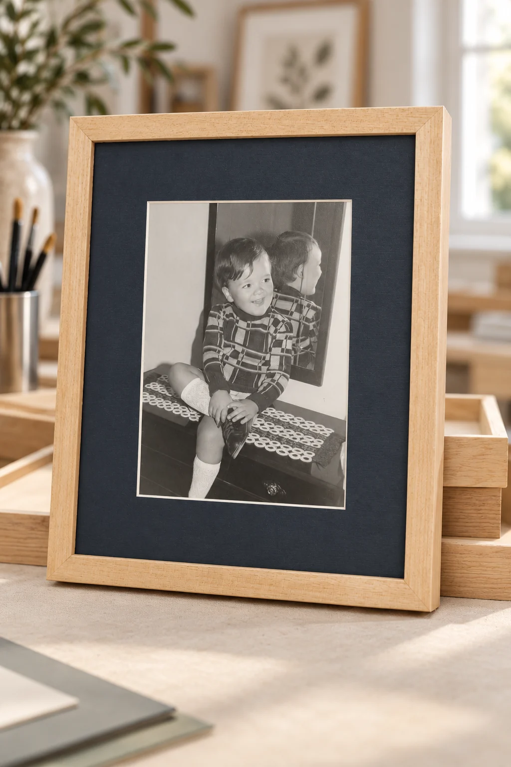 Fotografía en blanco y negro de un niño junto a un espejo, con paspartú oscuro y marco de madera clara.