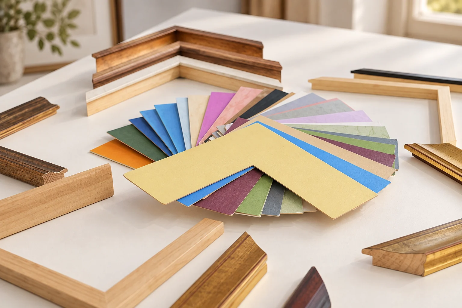 Muestras de paspartú de colores abiertas en abanico, rodeadas de esquinas de molduras de madera.