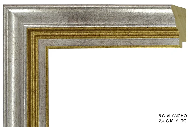 Moldura clásica bicolor en tonos plata y oro para cuadros, perfil moldurado, ref. 011127-2909