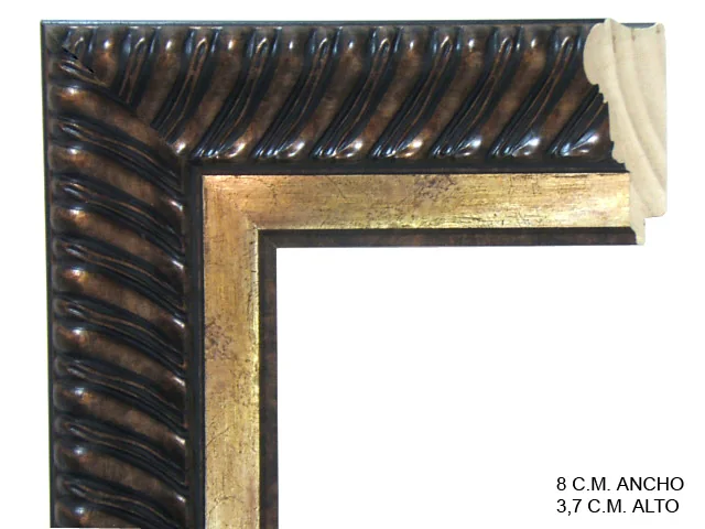 Moldura clásica bicolor en tonos nogal y oro para cuadros, relieve ornamental, ref. 011380-4923