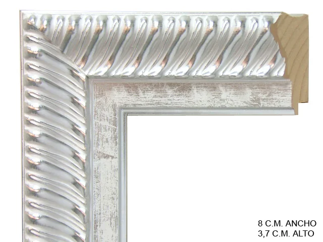 Moldura clásica bicolor en tonos blanco y plata para cuadros, relieve ornamental, ref. 011380-4937
