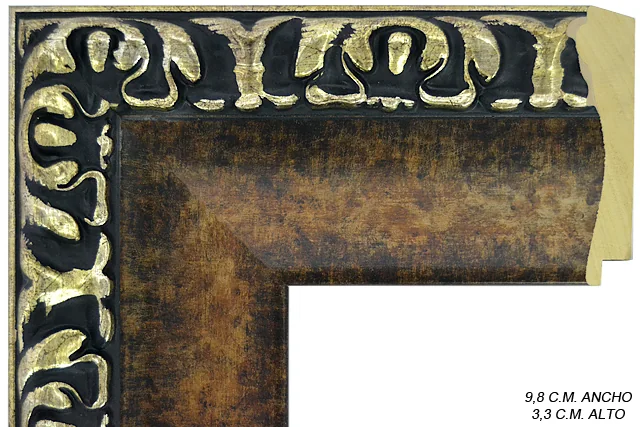 Moldura clásica bicolor en tonos nogal y oro para cuadros, relieve ornamental, ref. 011390S4923