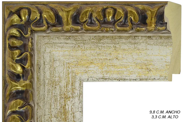 Moldura clásica bicolor en tonos oro y blanco para cuadros, relieve ornamental, ref. 011390S5256