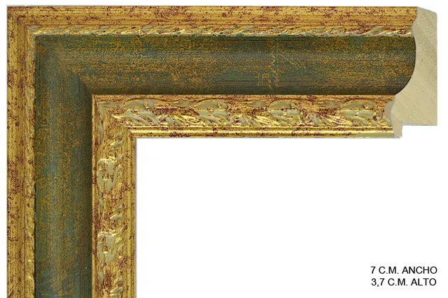 Moldura clásica bicolor en tonos oro y verde para cuadros, perfil moldurado, ref. 011670-6630