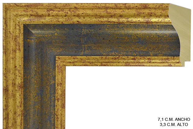 Moldura clásica bicolor en tonos oro y azul para cuadros, perfil moldurado, ref. 011709-6542