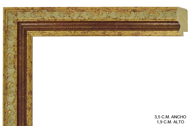 Moldura clásica bicolor en tonos oro y rojo para cuadros, perfil moldurado, ref. 011898-6427