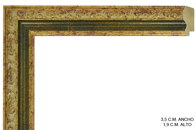 Moldura clásica bicolor en tonos oro y verde para cuadros, perfil moldurado, ref. 011898-6630