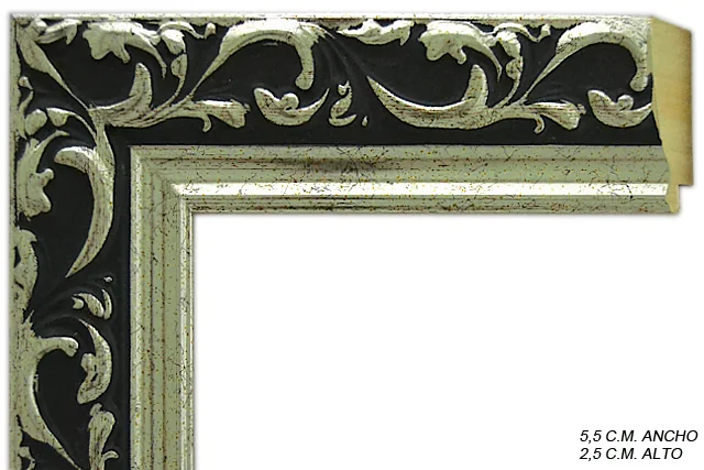 Moldura clásica bicolor en tonos negro y plata para cuadros, relieve ornamental, ref. 88070W44