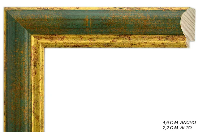 Moldura clásica bicolor en tonos verde y oro con filo dorado para cuadros, perfil moldurado, ref. 8811866507
