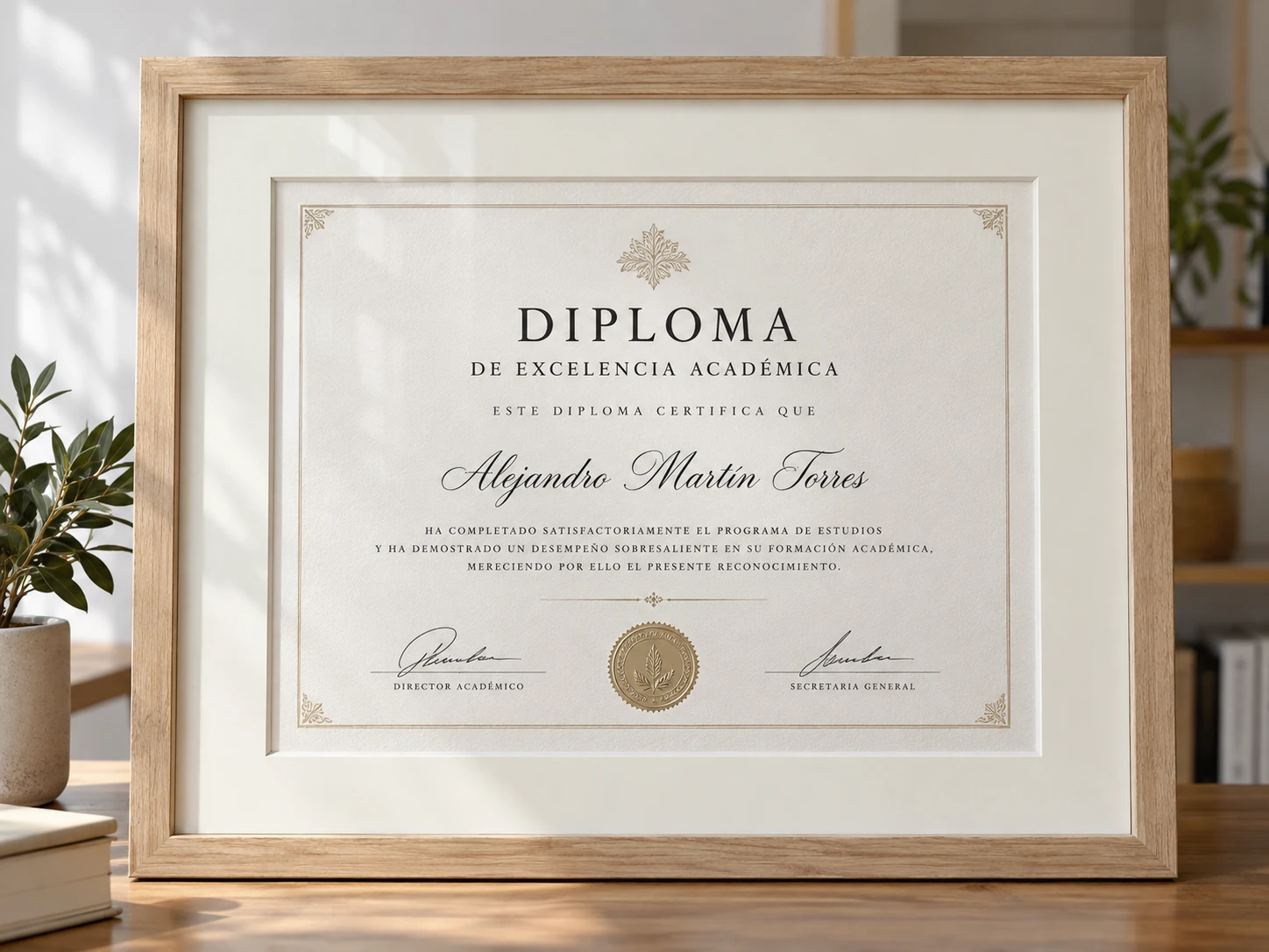 Certificado de excelencia académica con moldura de madera natural y paspartú claro biselado, apoyado sobre una mesa.