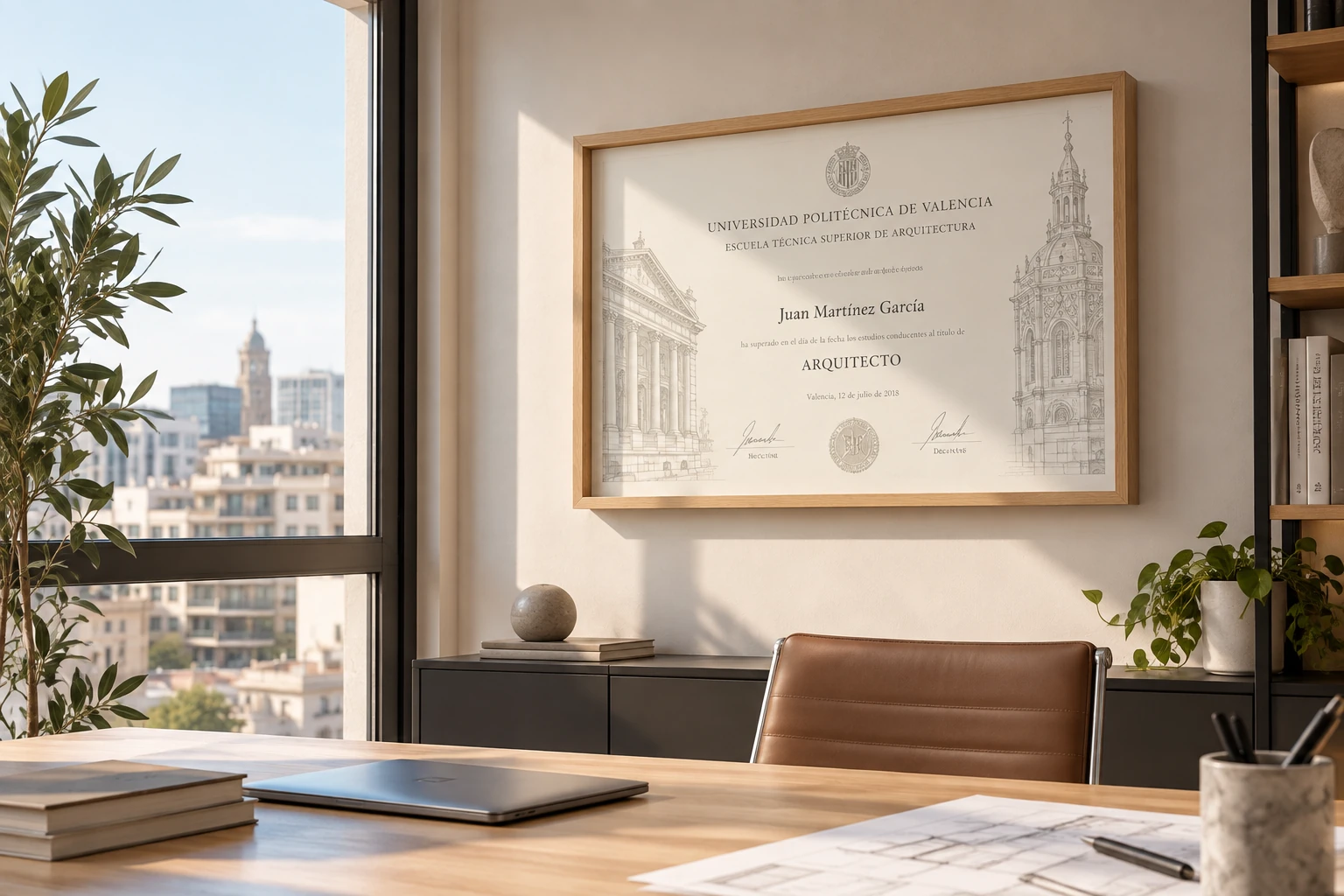 Diploma horizontal con moldura fina de madera clara en un despacho contemporáneo con planos de arquitectura sobre la mesa.