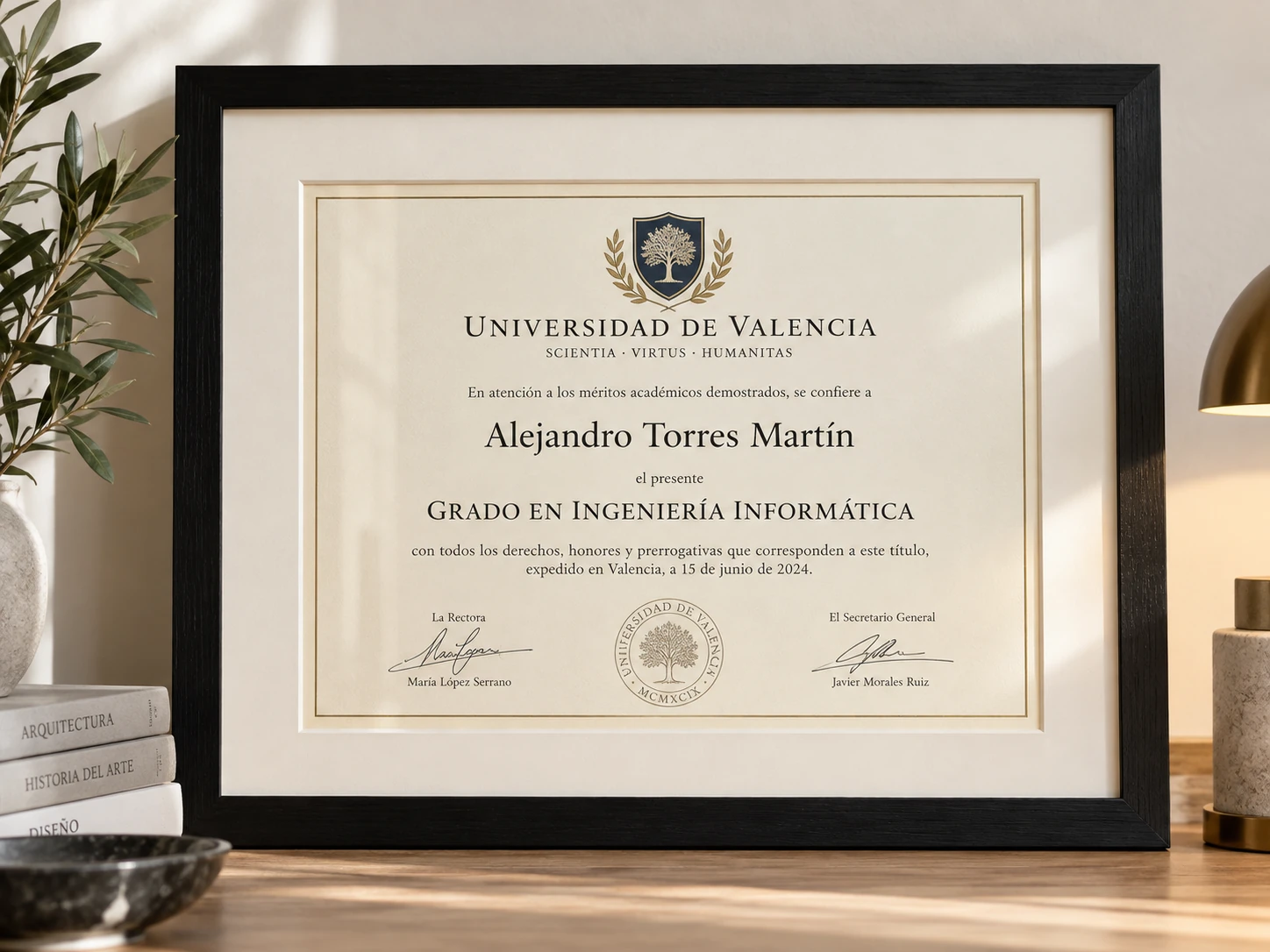Diploma universitario horizontal con moldura negra de perfil recto y paspartú marfil sobre una mesa de madera.